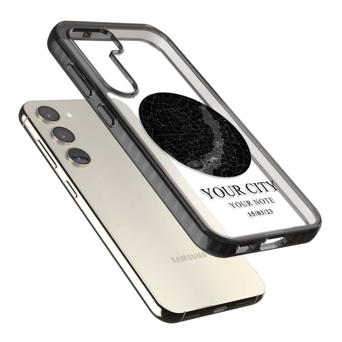 Personalised Star Map Samsung S22 / Samsung S22 Plus / Samsung S23 / Samsung S23 Plus / Samsung S24 / Samsung S24 Plus Impact Black Phone Case angled
