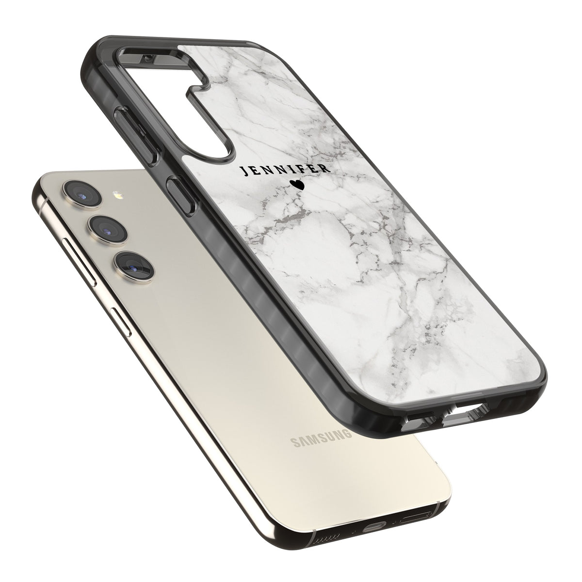 Personalised Classic Grey Marble Samsung S22 / Samsung S22 Plus / Samsung S23 / Samsung S23 Plus / Samsung S24 / Samsung S24 Plus Impact Black Phone Case angled
