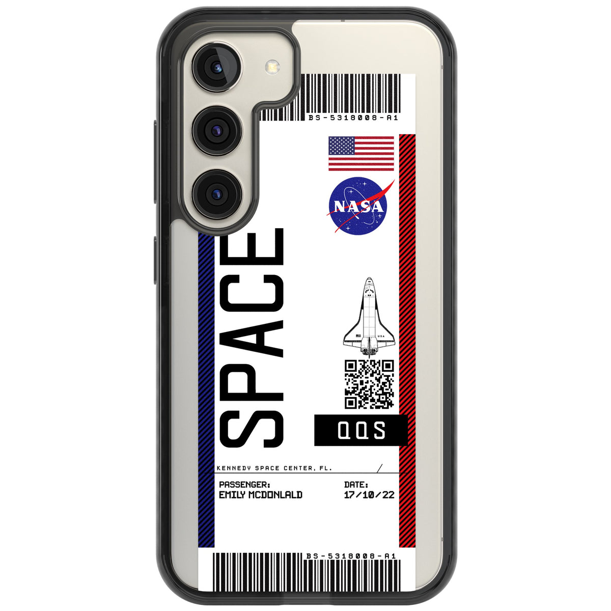 Personalised Nasa Boarding Pass (Light) Samsung S22 / Samsung S22 Plus / Samsung S23 / Samsung S23 Plus / Samsung S24 / Samsung S24 Plus Impact Black Phone Case front