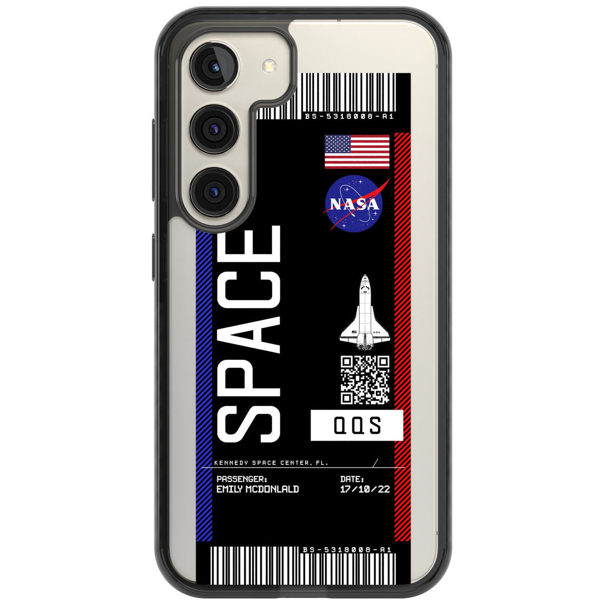 Personalised Nasa Boarding Pass (Dark) Samsung S22 / Samsung S22 Plus / Samsung S23 / Samsung S23 Plus / Samsung S24 / Samsung S24 Plus Impact Black Phone Case front