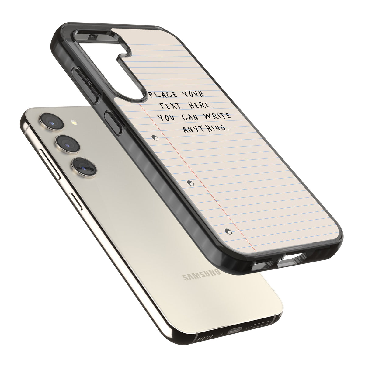 Personalised Lined Paper Samsung S22 / Samsung S22 Plus / Samsung S23 / Samsung S23 Plus / Samsung S24 / Samsung S24 Plus Impact Black Phone Case angled