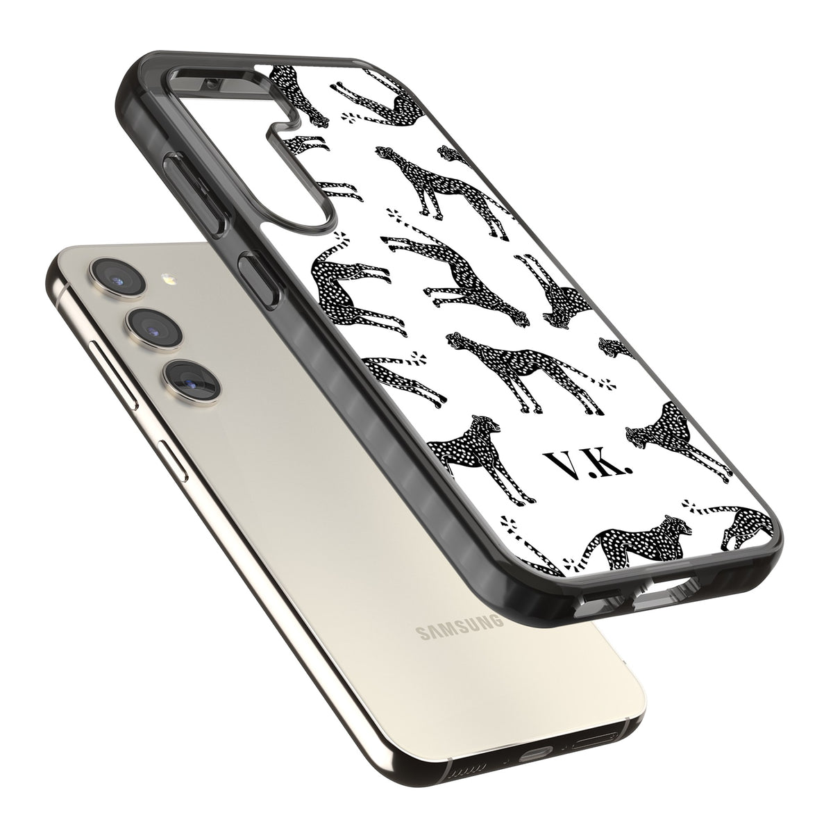 Personalised Monochrome Cheetahs Samsung S22 / Samsung S22 Plus / Samsung S23 / Samsung S23 Plus / Samsung S24 / Samsung S24 Plus Impact Black Phone Case angled