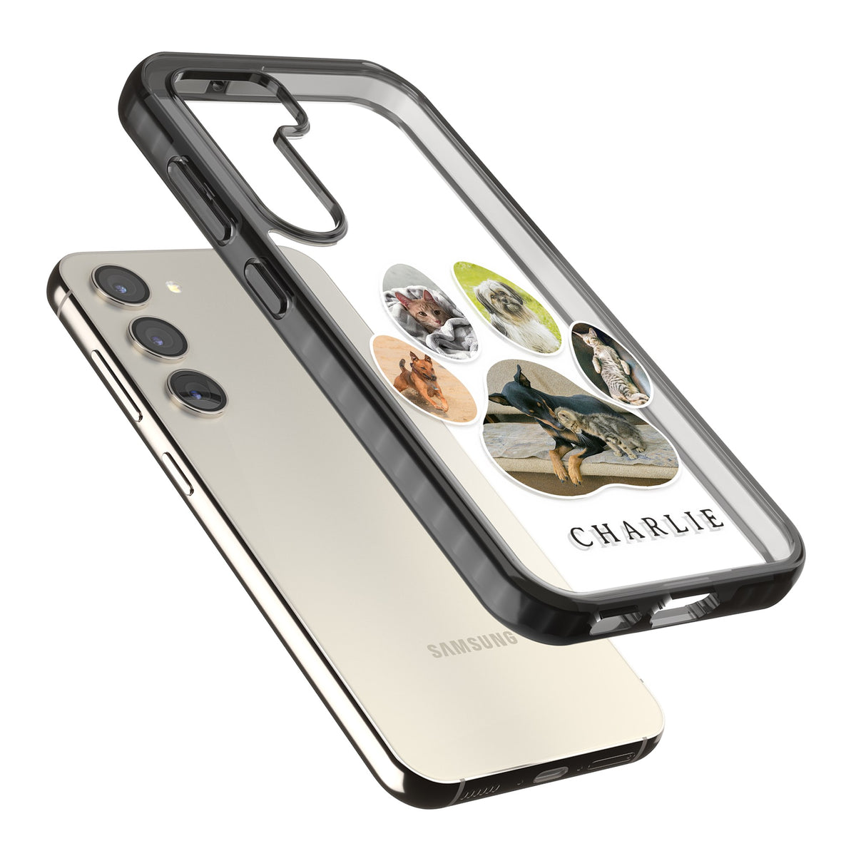Personalised Paw Print Photos Samsung S22 / Samsung S22 Plus / Samsung S23 / Samsung S23 Plus / Samsung S24 / Samsung S24 Plus Impact Black Phone Case angled