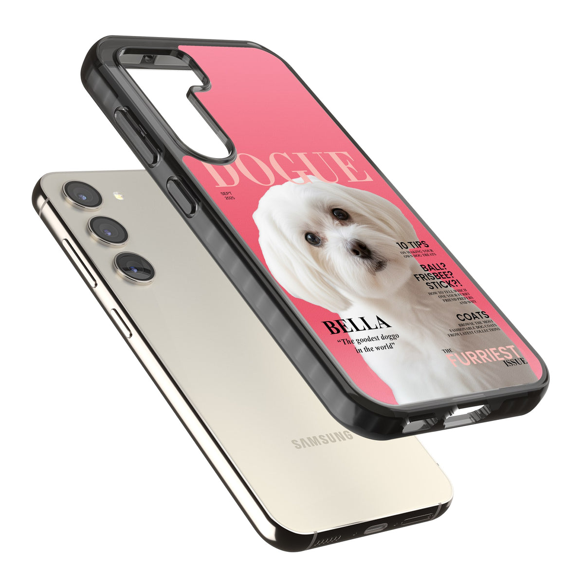 Personalised Dogue Magazine Samsung S22 / Samsung S22 Plus / Samsung S23 / Samsung S23 Plus / Samsung S24 / Samsung S24 Plus Impact Black Phone Case angled