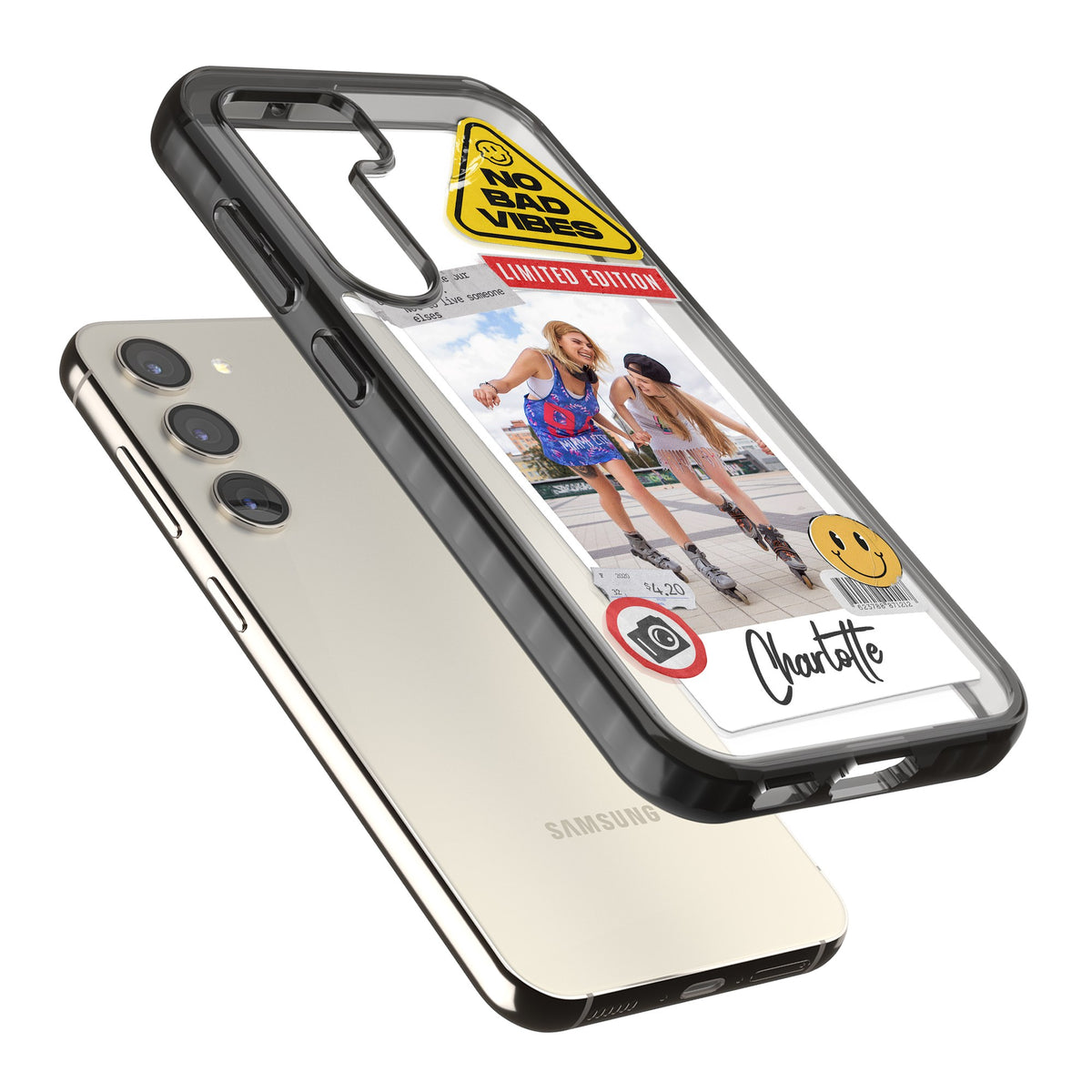 Personalised Sticker Mix Instant Photo Samsung S22 / Samsung S22 Plus / Samsung S23 / Samsung S23 Plus / Samsung S24 / Samsung S24 Plus Impact Black Phone Case angled