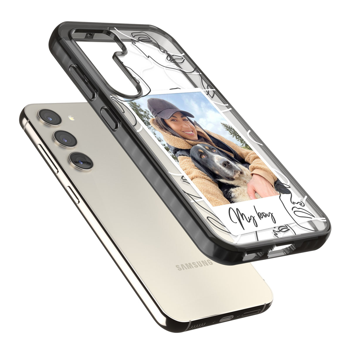Personalised Abstract Faces Instant Photo Samsung S22 / Samsung S22 Plus / Samsung S23 / Samsung S23 Plus / Samsung S24 / Samsung S24 Plus Impact Black Phone Case angled