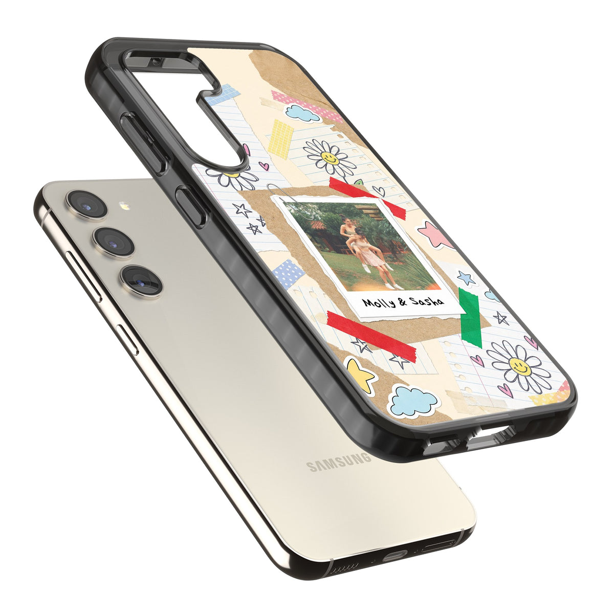 Personalised Scrapbook Photo Samsung S22 / Samsung S22 Plus / Samsung S23 / Samsung S23 Plus / Samsung S24 / Samsung S24 Plus Impact Black Phone Case angled