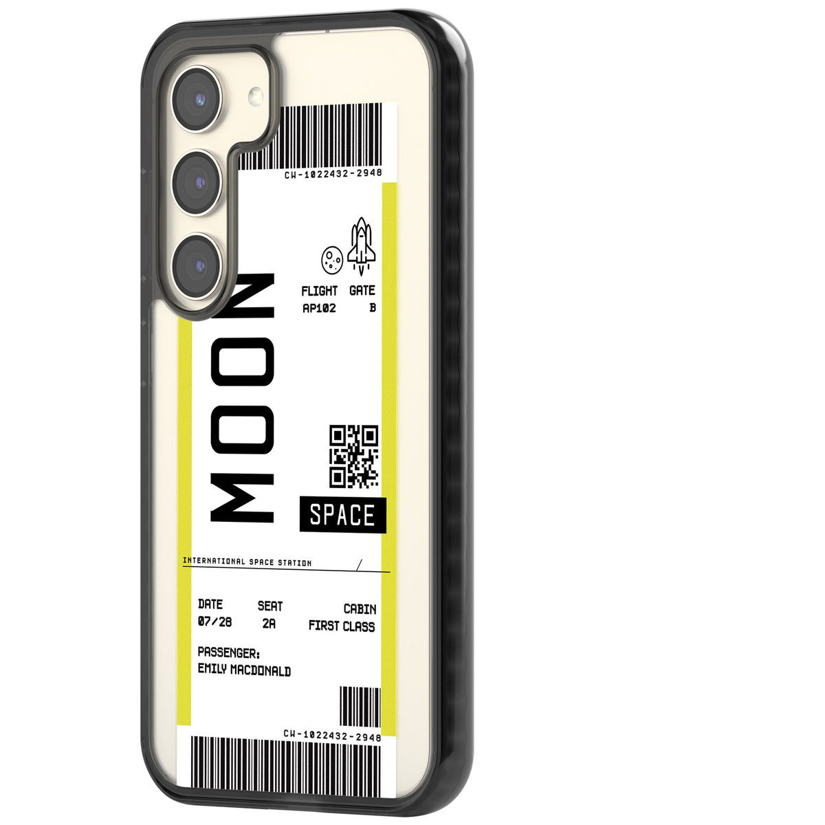 Personalised Moon Travel Ticket Samsung S22 / Samsung S22 Plus / Samsung S23 / Samsung S23 Plus / Samsung S24 / Samsung S24 Plus Impact Black Phone Case side
