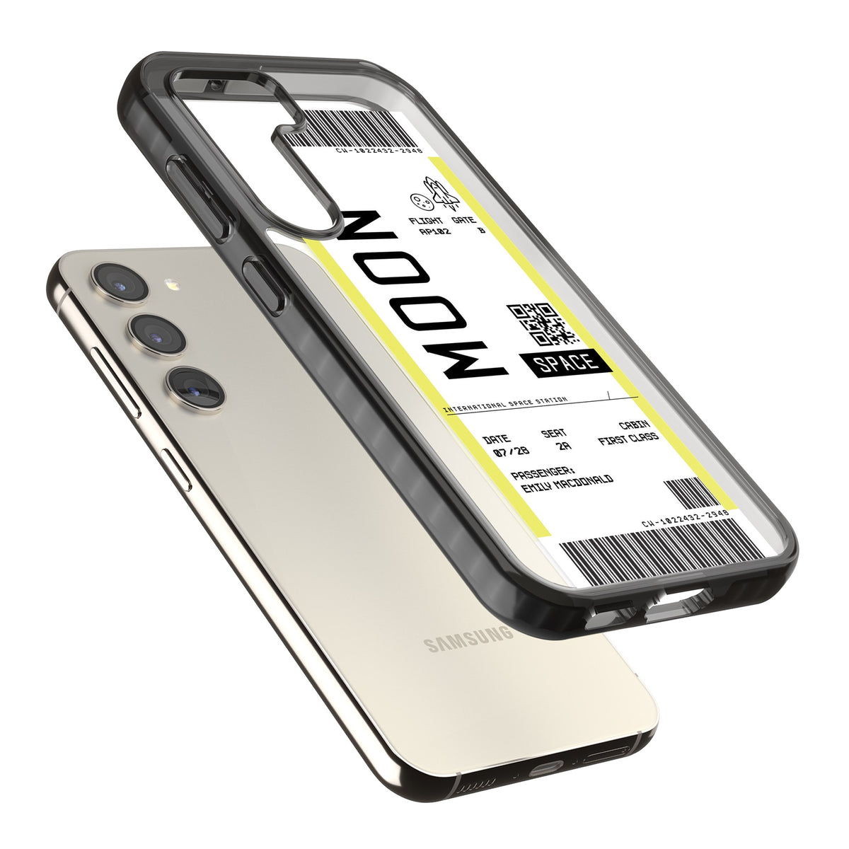 Personalised Moon Travel Ticket Samsung S22 / Samsung S22 Plus / Samsung S23 / Samsung S23 Plus / Samsung S24 / Samsung S24 Plus Impact Black Phone Case angled