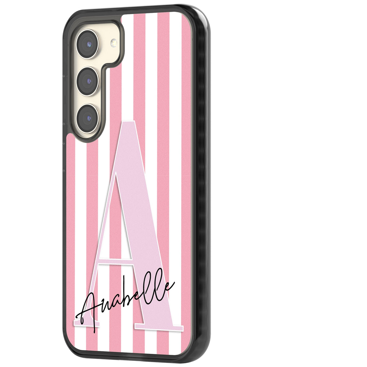 Personalised Soft Pink Stripes Samsung S22 / Samsung S22 Plus / Samsung S23 / Samsung S23 Plus / Samsung S24 / Samsung S24 Plus Impact Black Phone Case side