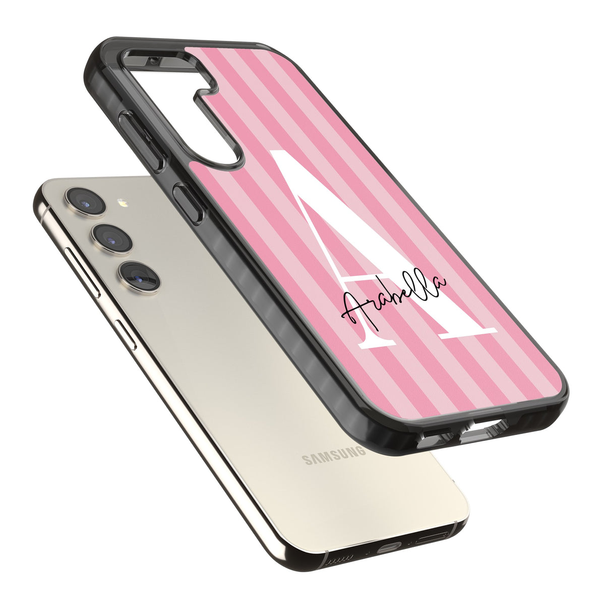 Personalised Pink Stripes Samsung S22 / Samsung S22 Plus / Samsung S23 / Samsung S23 Plus / Samsung S24 / Samsung S24 Plus Impact Black Phone Case angled