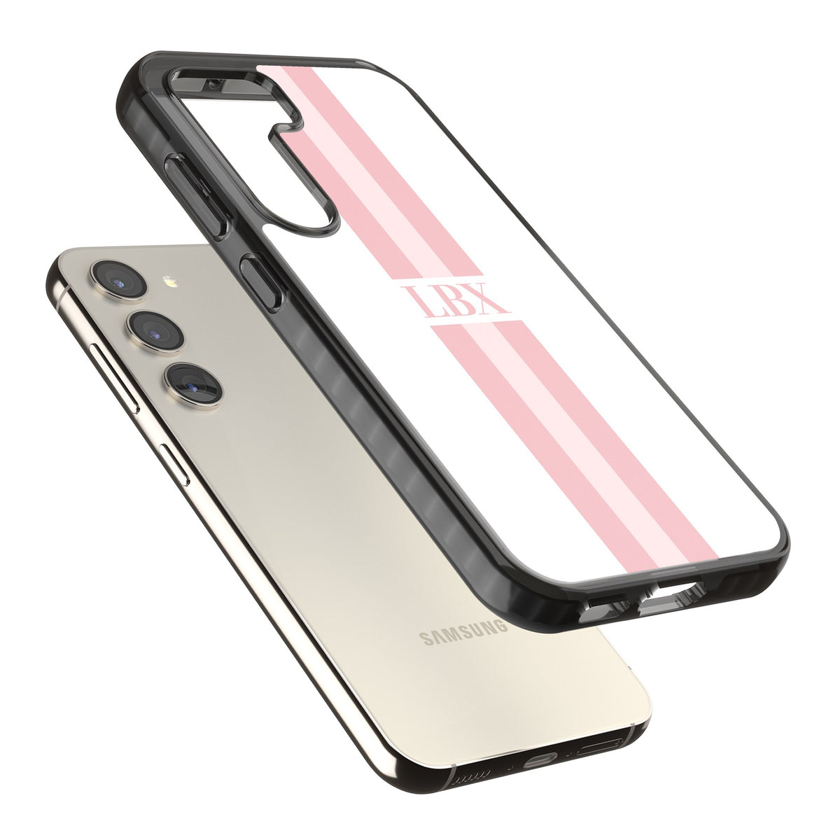 Personalised Minimal Pink Stripe Samsung S22 / Samsung S22 Plus / Samsung S23 / Samsung S23 Plus / Samsung S24 / Samsung S24 Plus Impact Black Phone Case angled