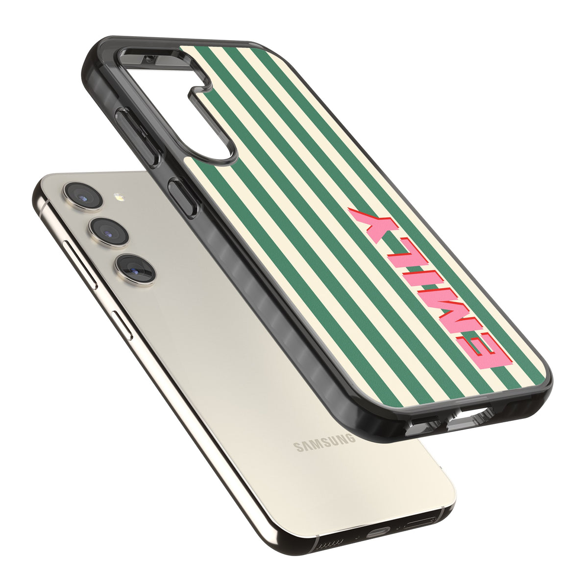 Personalised Wimbledon Stripe Samsung S22 / Samsung S22 Plus / Samsung S23 / Samsung S23 Plus / Samsung S24 / Samsung S24 Plus Impact Black Phone Case angled