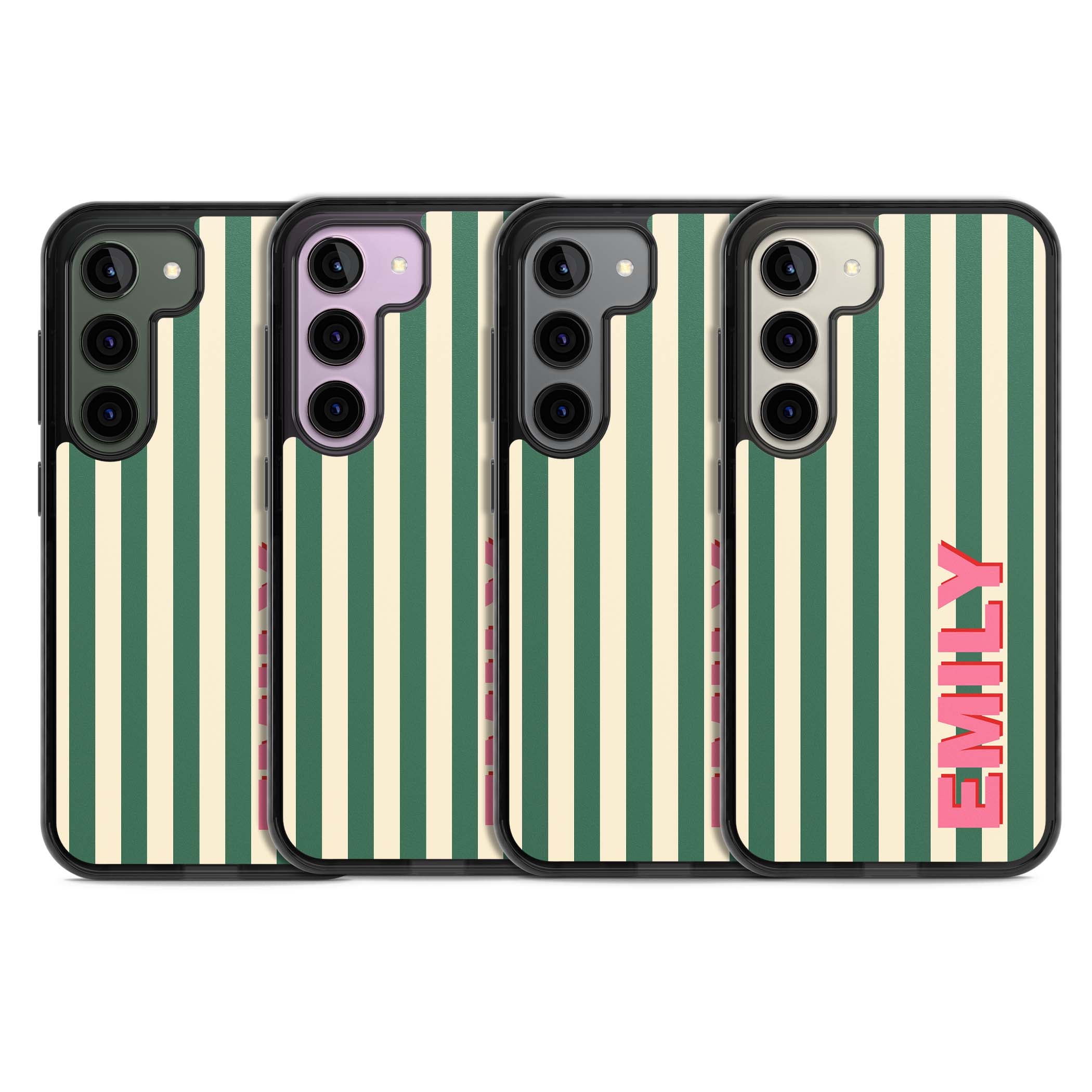 Wimbledon Stripe preppy iPhone case featuring green and cream vertical stripes with a personalised pink name | Black Impact case for Samsung Galaxy S24, Samsung Galaxy S23, Samsung Galaxy S22