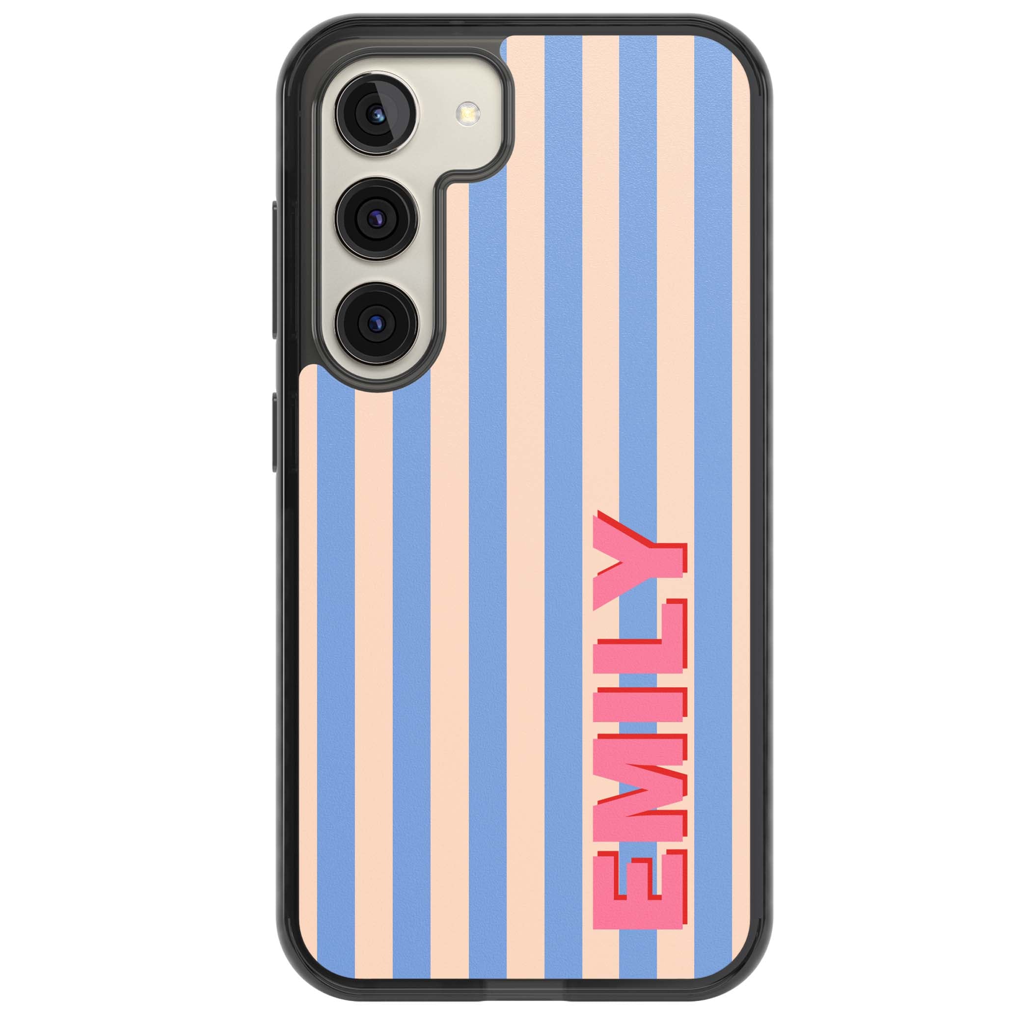 Coastal Stripe personalised coastal iPhone case with blue and peach vertical stripes and custom pink name | Black Impact case for Samsung Galaxy S24, Samsung Galaxy S23, Samsung Galaxy S22