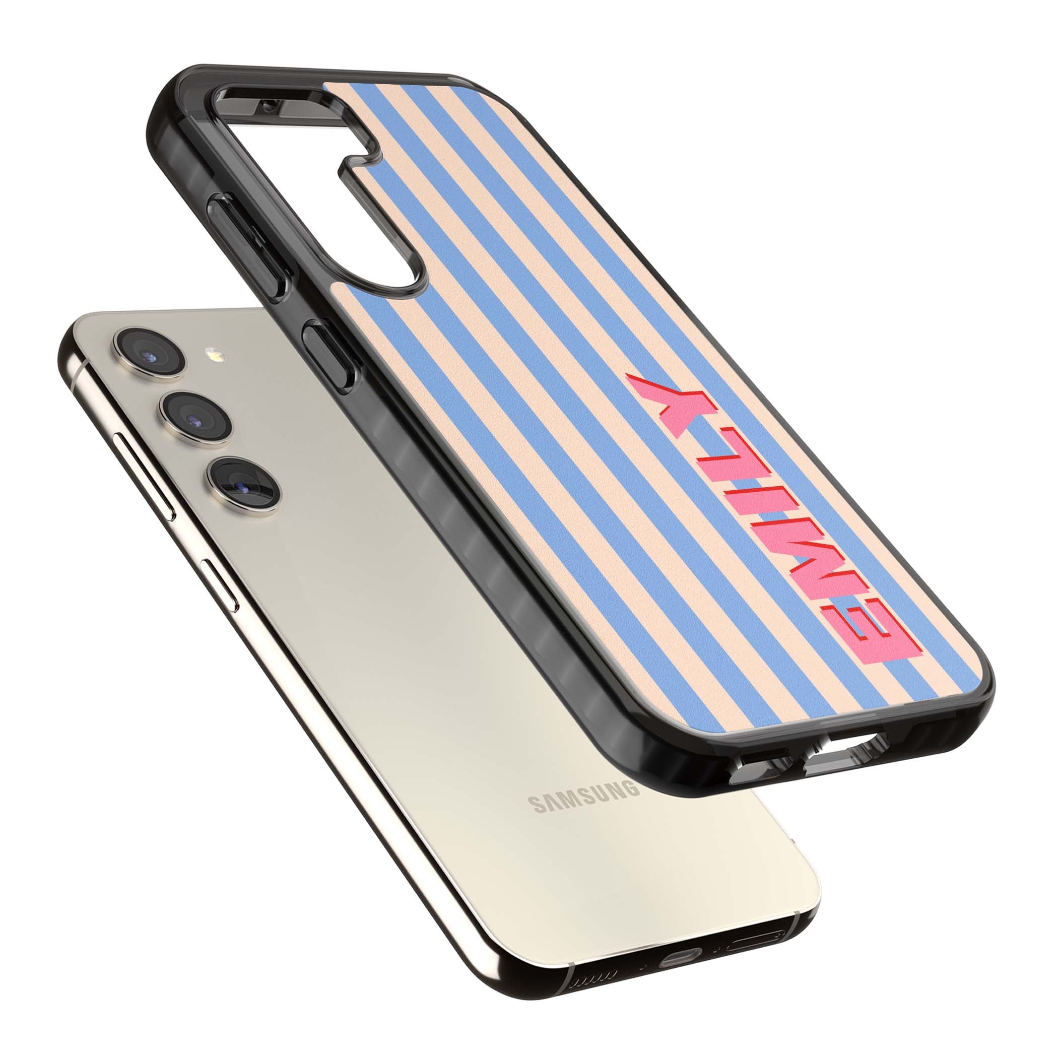 Coastal Stripe personalised coastal iPhone case with blue and peach vertical stripes and custom pink name | Black Impact case for Samsung Galaxy S24, Samsung Galaxy S23, Samsung Galaxy S22