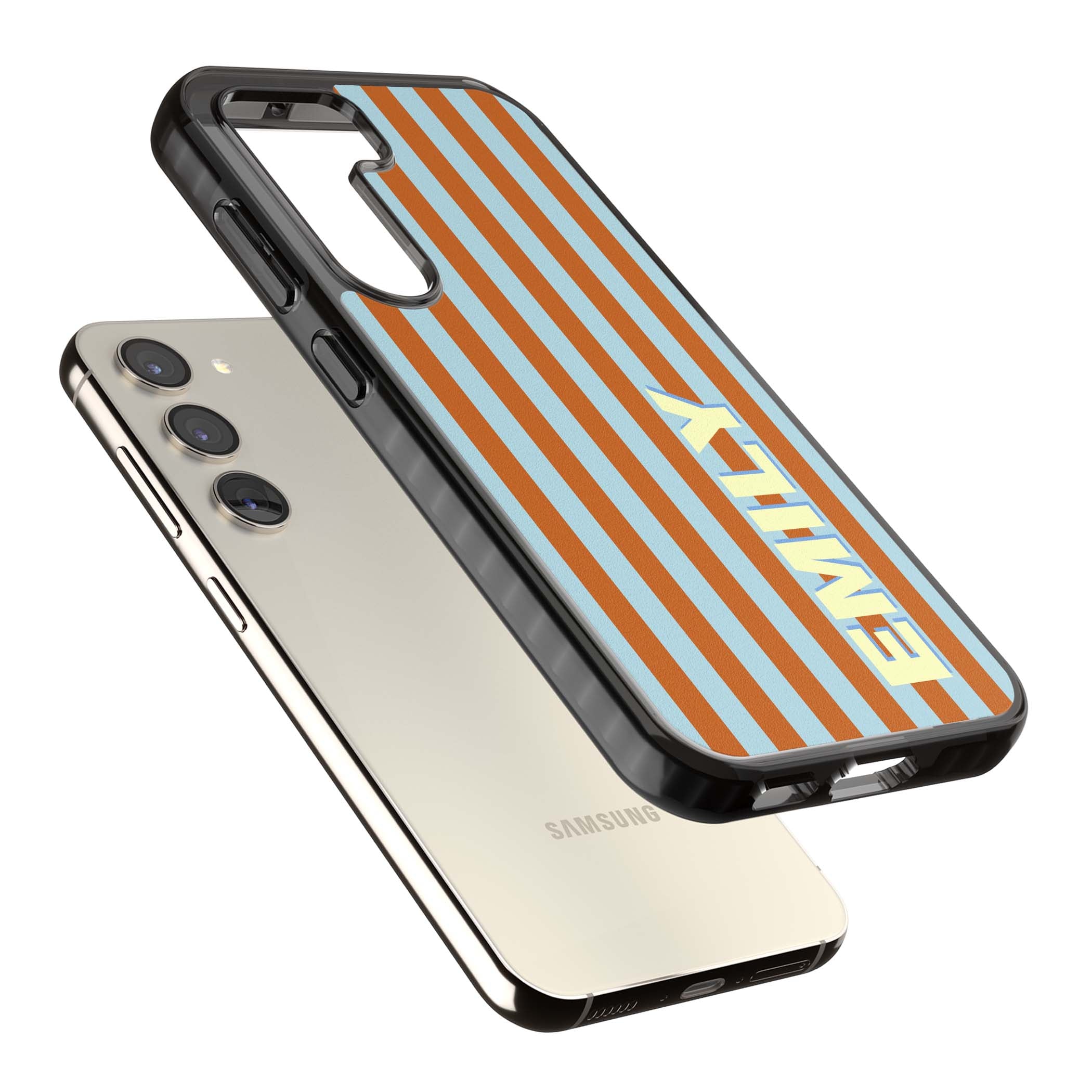 Cappadocia Stripe personalised coastal iPhone case featuring blue and orange vertical stripes with custom cream name | Black Impact case for Samsung Galaxy S24, Samsung Galaxy S23, Samsung Galaxy S22