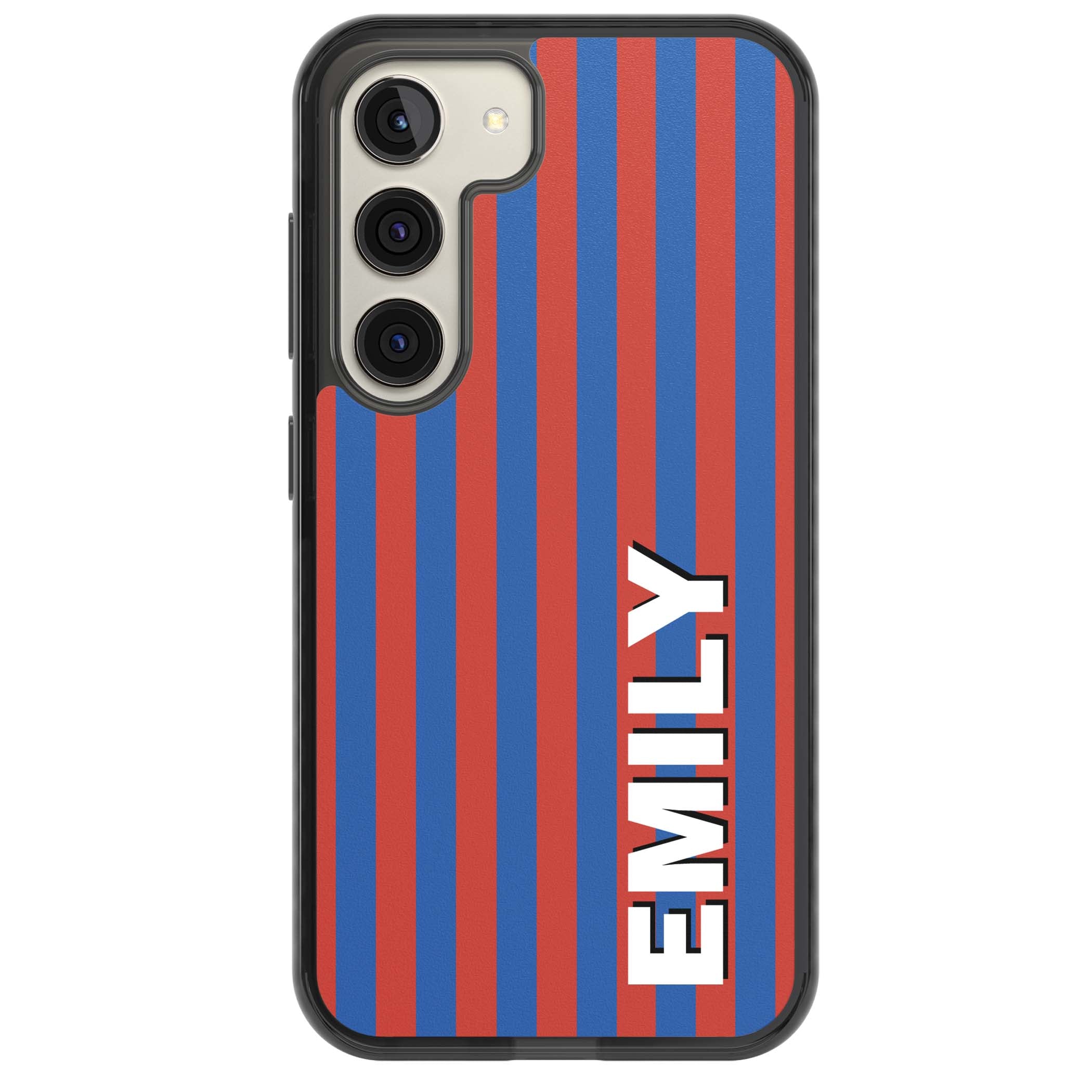 Cuban Stripe personalised iPhone case featuring red and blue vertical stripes with custom name in bold white letters | Black Impact case for Samsung Galaxy S24, Samsung Galaxy S23, Samsung Galaxy S22