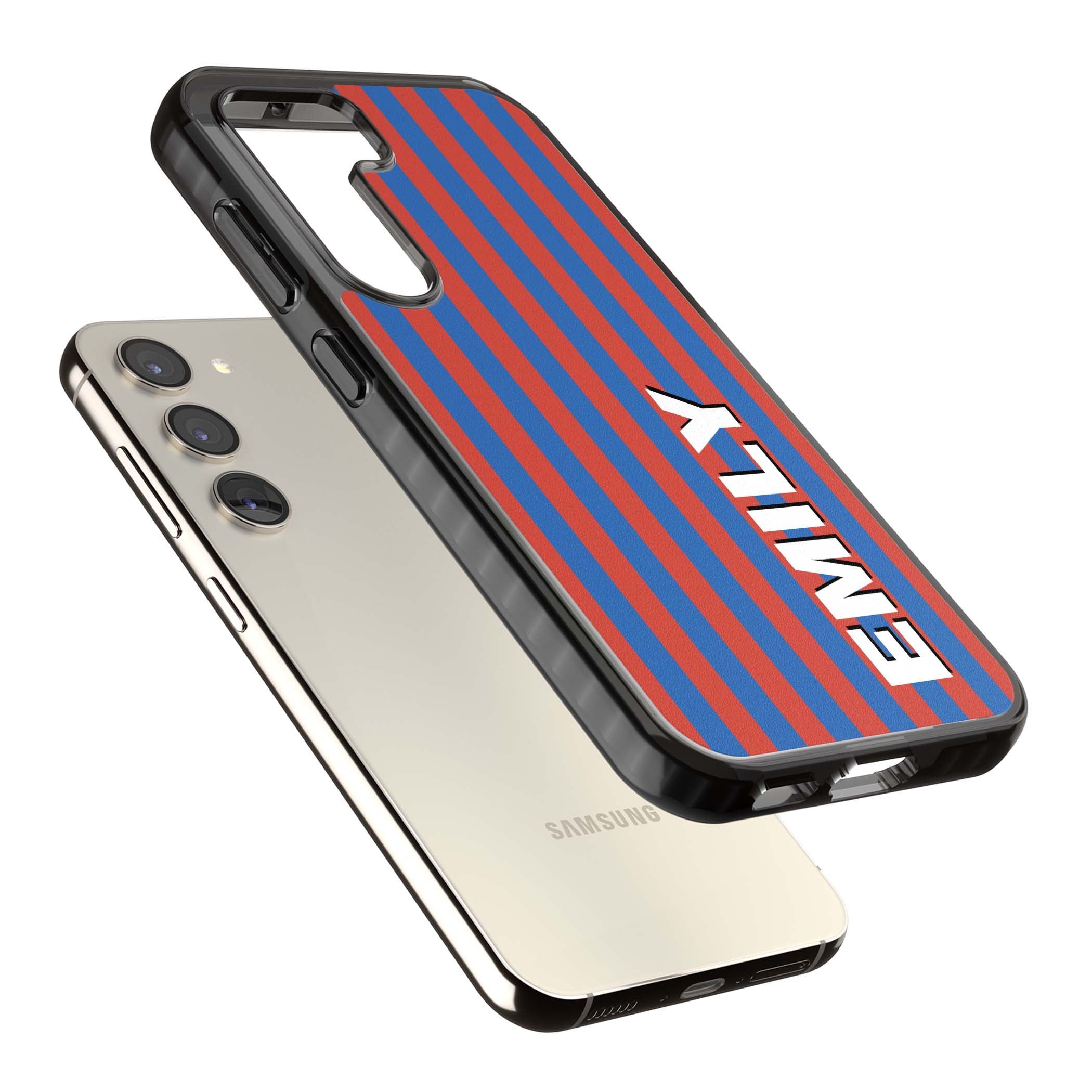 Cuban Stripe personalised iPhone case featuring red and blue vertical stripes with custom name in bold white letters | Black Impact case for Samsung Galaxy S24, Samsung Galaxy S23, Samsung Galaxy S22
