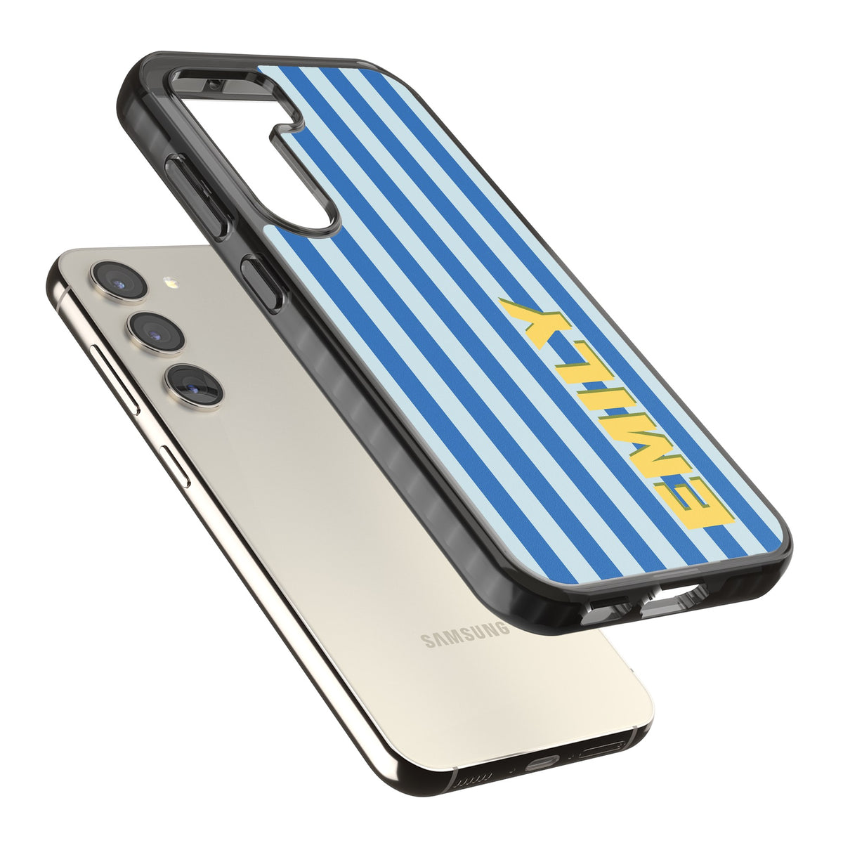 Personalised Athenian Stripe Samsung S22 / Samsung S22 Plus / Samsung S23 / Samsung S23 Plus / Samsung S24 / Samsung S24 Plus Impact Black Phone Case angled