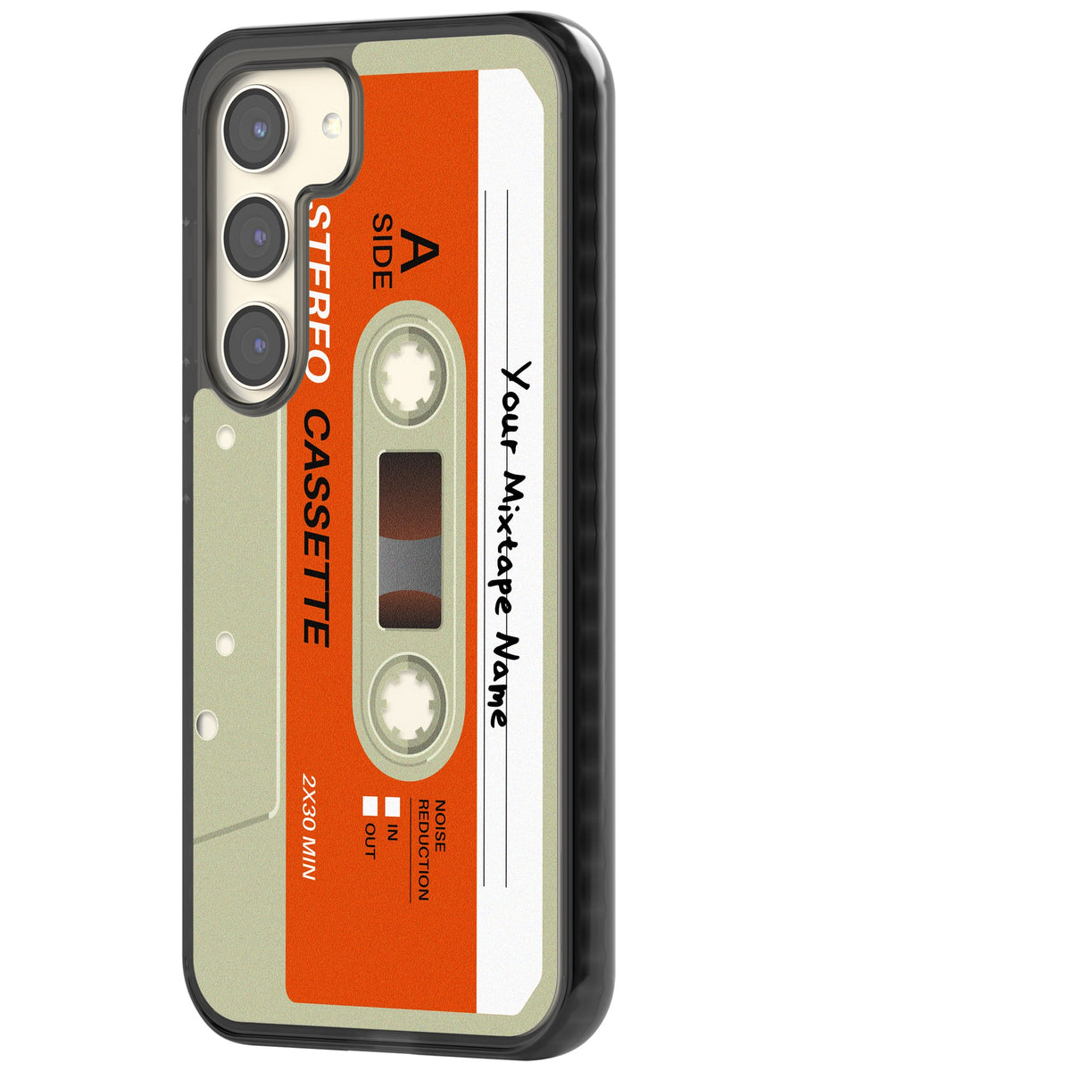 Personalised Retro Cassette Classic Samsung S22 / Samsung S22 Plus / Samsung S23 / Samsung S23 Plus / Samsung S24 / Samsung S24 Plus Impact Black Phone Case side