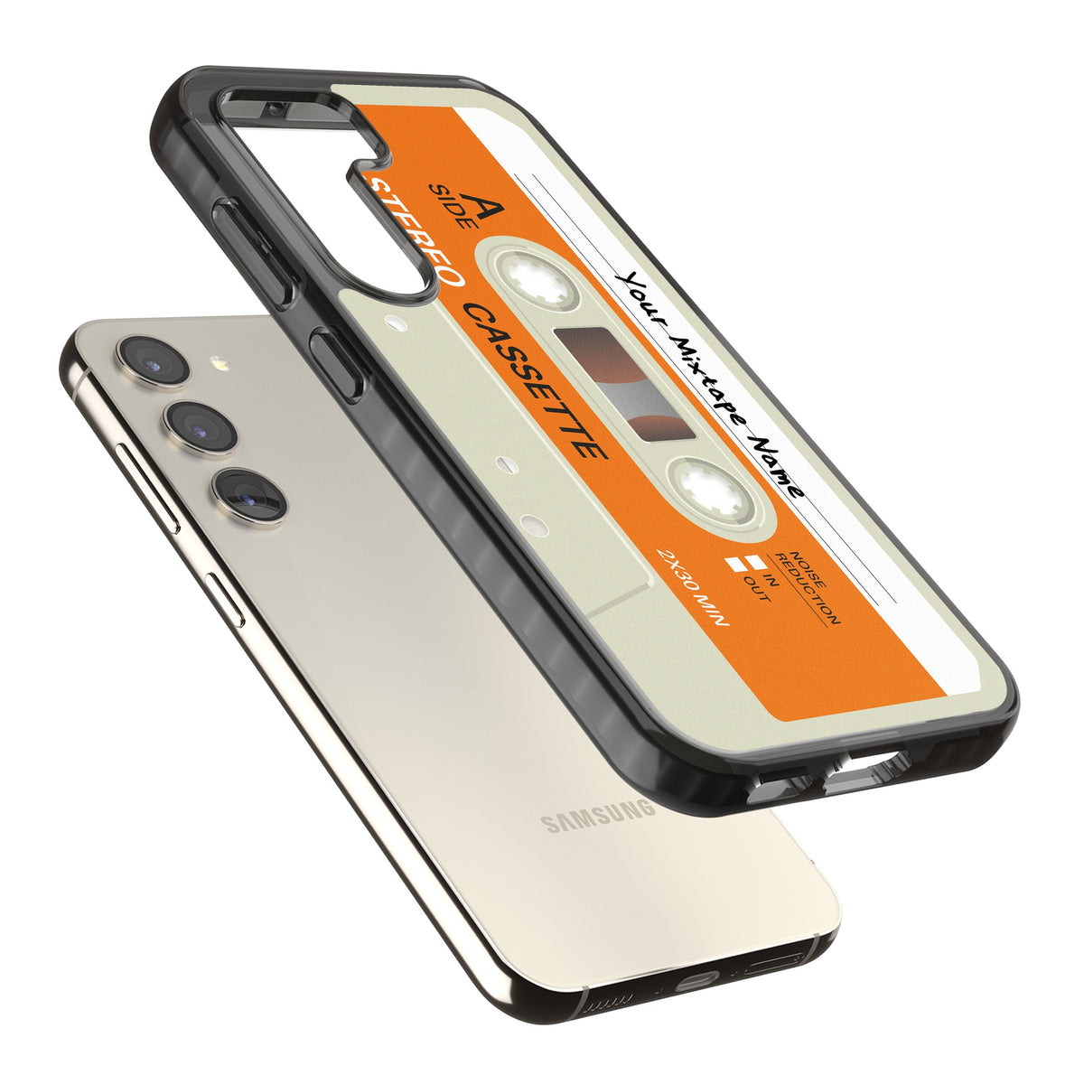 Personalised Retro Cassette Classic Samsung S22 / Samsung S22 Plus / Samsung S23 / Samsung S23 Plus / Samsung S24 / Samsung S24 Plus Impact Black Phone Case angled