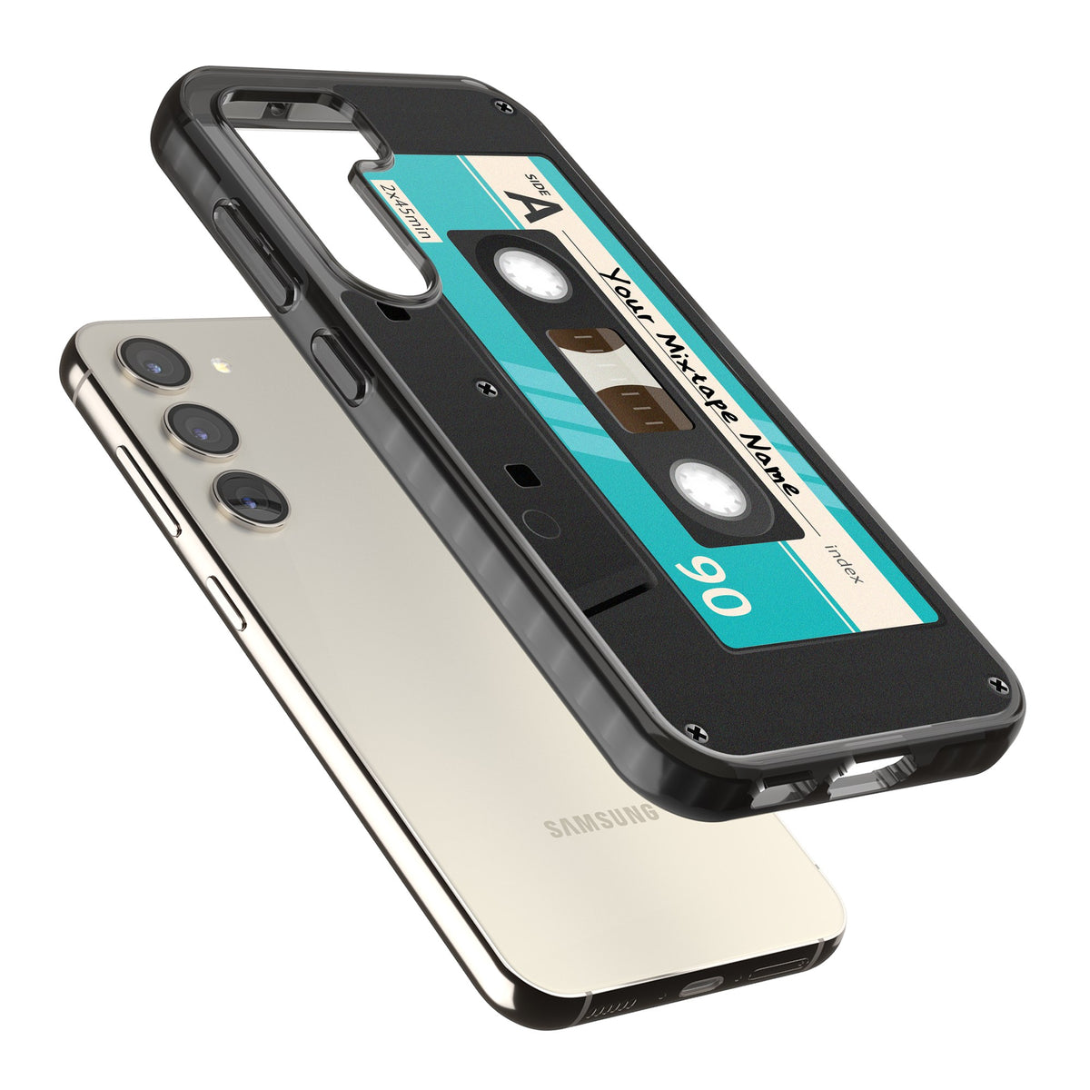 Personalised Retro Mixtape Dark Samsung S22 / Samsung S22 Plus / Samsung S23 / Samsung S23 Plus / Samsung S24 / Samsung S24 Plus Impact Black Phone Case angled