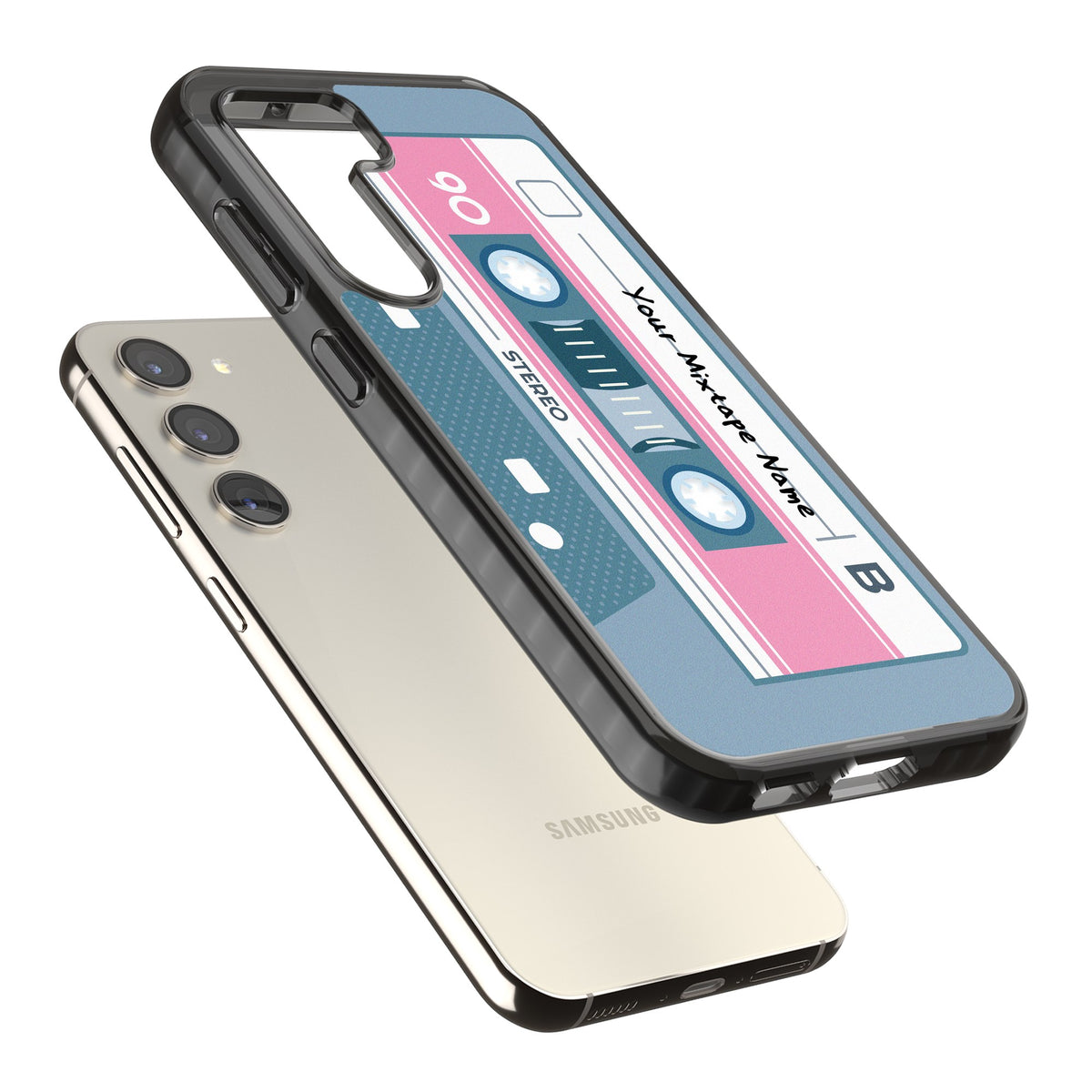 Personalised Retro Cassette Mixtape Samsung S22 / Samsung S22 Plus / Samsung S23 / Samsung S23 Plus / Samsung S24 / Samsung S24 Plus Impact Black Phone Case angled