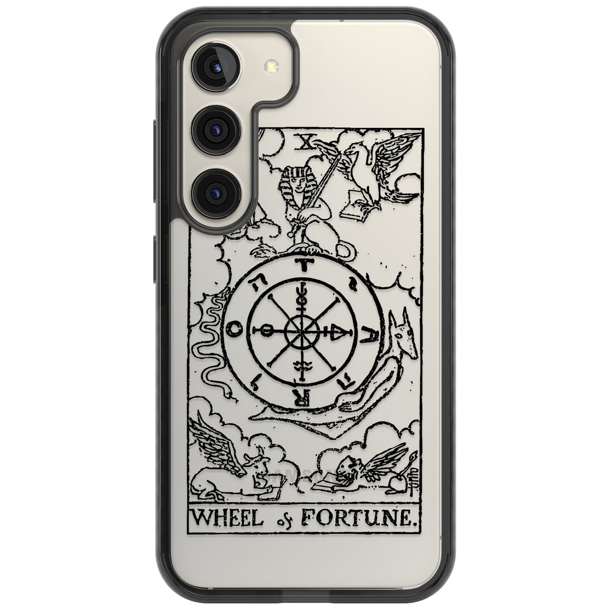 Personalised Wheel Of Fortune Tarot Transparent Samsung S22 / Samsung S22 Plus / Samsung S23 / Samsung S23 Plus / Samsung S24 / Samsung S24 Plus Impact Black Phone Case front