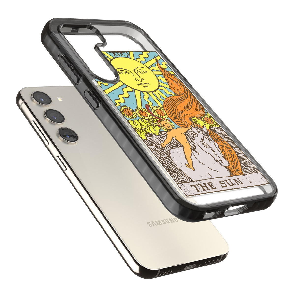 Personalised The Sun Tarot Card (Color) Samsung S22 / Samsung S22 Plus / Samsung S23 / Samsung S23 Plus / Samsung S24 / Samsung S24 Plus Impact Black Phone Case angled