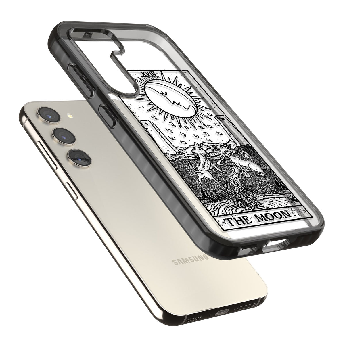 Personalised The Moon Tarot Card (Clear) Samsung S22 / Samsung S22 Plus / Samsung S23 / Samsung S23 Plus / Samsung S24 / Samsung S24 Plus Impact Black Phone Case angled
