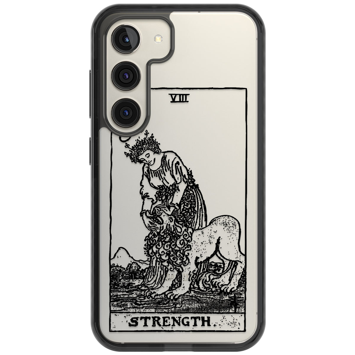 Personalised Strength Tarot Card (Clear) Samsung S22 / Samsung S22 Plus / Samsung S23 / Samsung S23 Plus / Samsung S24 / Samsung S24 Plus Impact Black Phone Case front