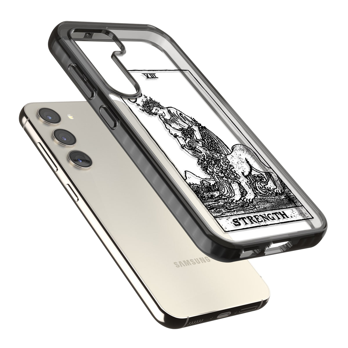 Personalised Strength Tarot Card (Clear) Samsung S22 / Samsung S22 Plus / Samsung S23 / Samsung S23 Plus / Samsung S24 / Samsung S24 Plus Impact Black Phone Case angled