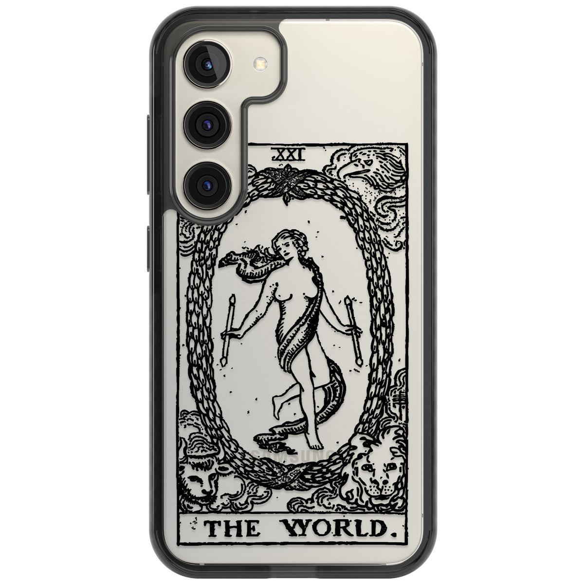 Personalised The World Tarot Card (Clear) Samsung S22 / Samsung S22 Plus / Samsung S23 / Samsung S23 Plus / Samsung S24 / Samsung S24 Plus Impact Black Phone Case front