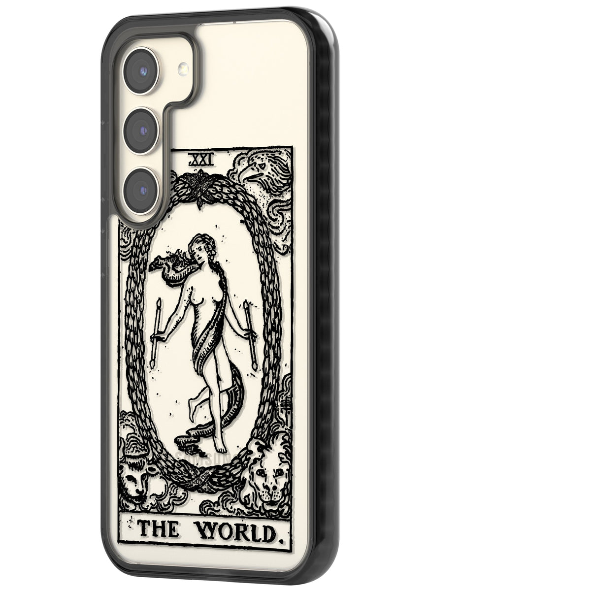 Personalised The World Tarot Card (Clear) Samsung S22 / Samsung S22 Plus / Samsung S23 / Samsung S23 Plus / Samsung S24 / Samsung S24 Plus Impact Black Phone Case side