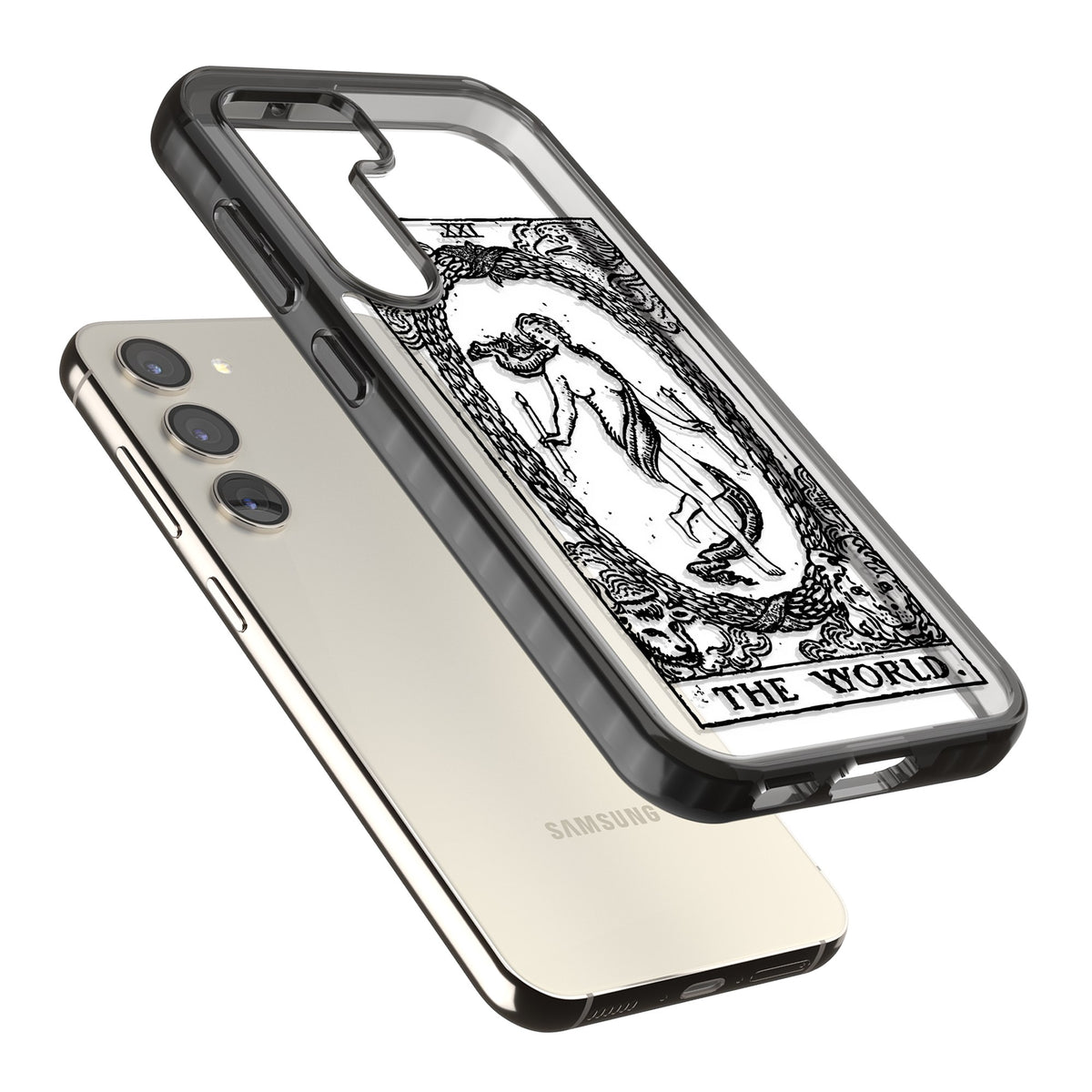 Personalised The World Tarot Card (Clear) Samsung S22 / Samsung S22 Plus / Samsung S23 / Samsung S23 Plus / Samsung S24 / Samsung S24 Plus Impact Black Phone Case angled