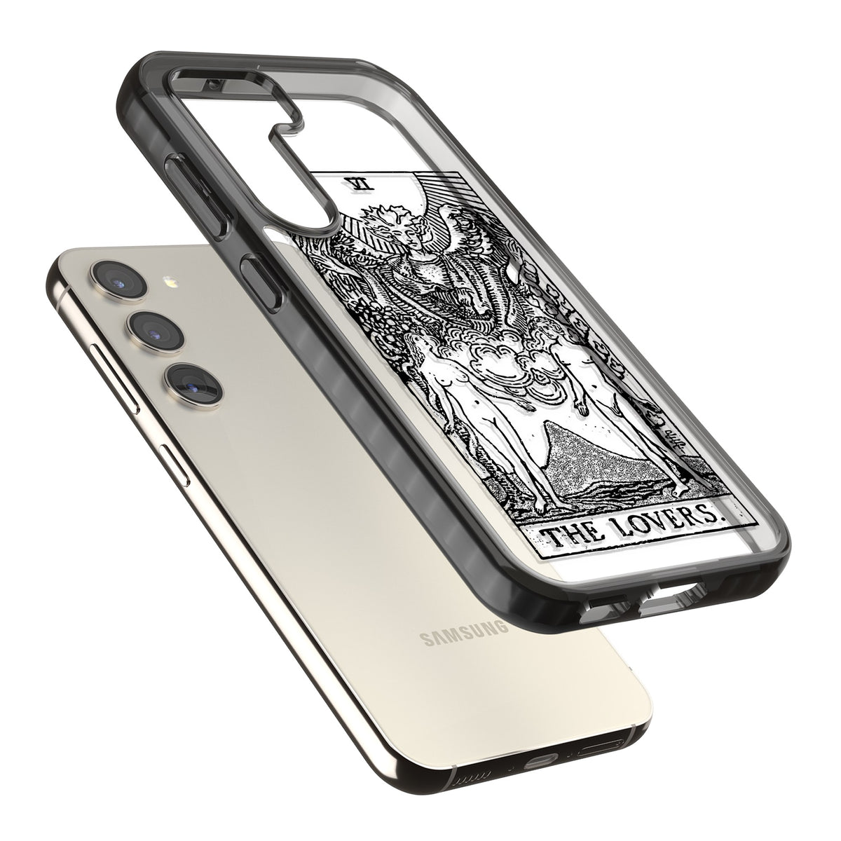 Personalised The Lovers Tarot Card (Clear) Samsung S22 / Samsung S22 Plus / Samsung S23 / Samsung S23 Plus / Samsung S24 / Samsung S24 Plus Impact Black Phone Case angled