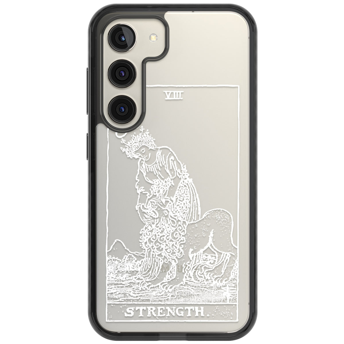 Personalised Strength Tarot Card (White) Samsung S22 / Samsung S22 Plus / Samsung S23 / Samsung S23 Plus / Samsung S24 / Samsung S24 Plus Impact Black Phone Case front