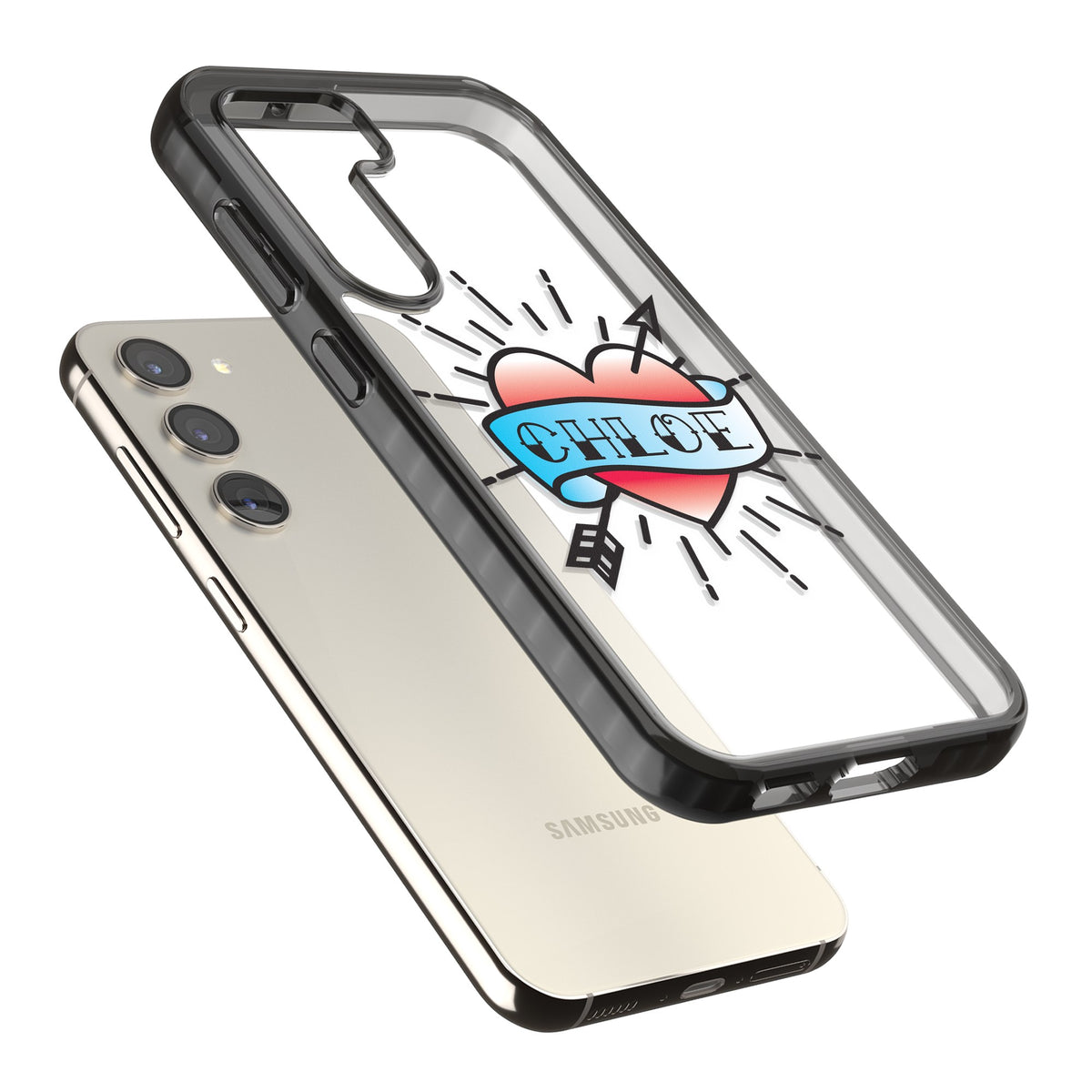 Personalised Heart Tattoo Samsung S22 / Samsung S22 Plus / Samsung S23 / Samsung S23 Plus / Samsung S24 / Samsung S24 Plus Impact Black Phone Case angled
