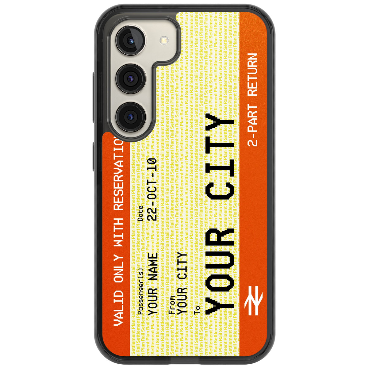 Personalised Create Your Own Train Ticket Samsung S22 / Samsung S22 Plus / Samsung S23 / Samsung S23 Plus / Samsung S24 / Samsung S24 Plus Impact Black Phone Case front