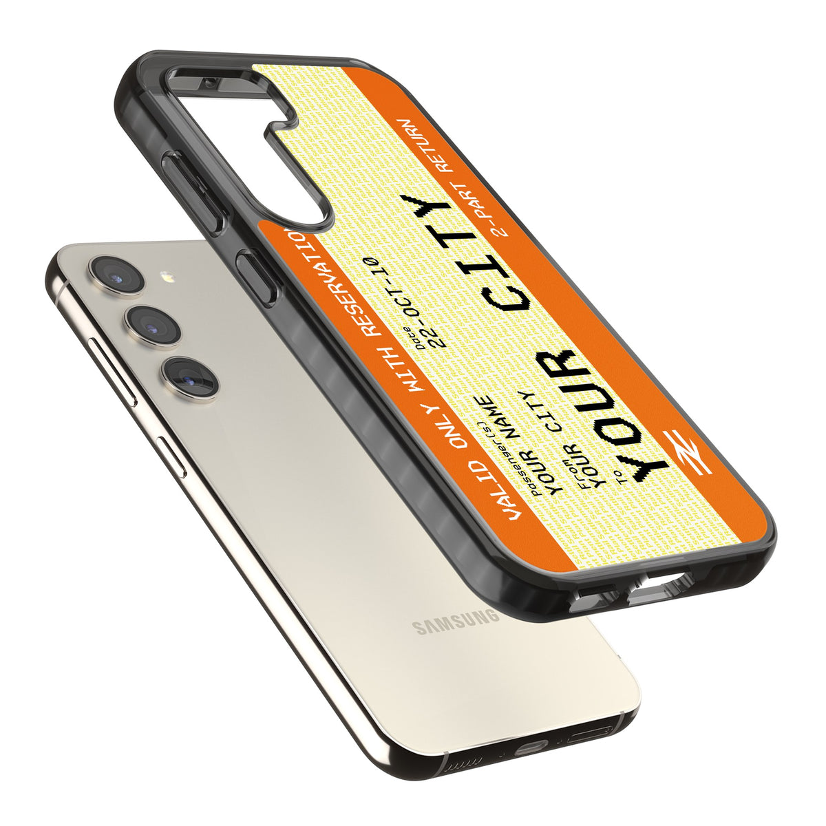Personalised Create Your Own Train Ticket Samsung S22 / Samsung S22 Plus / Samsung S23 / Samsung S23 Plus / Samsung S24 / Samsung S24 Plus Impact Black Phone Case angled