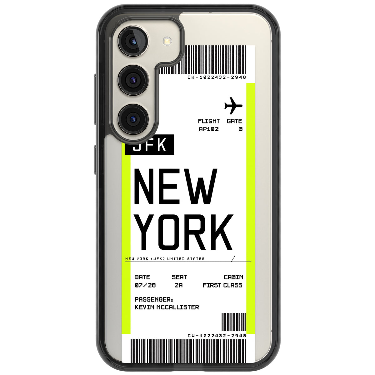 Personalised New York Boarding Pass Samsung S22 / Samsung S22 Plus / Samsung S23 / Samsung S23 Plus / Samsung S24 / Samsung S24 Plus Impact Black Phone Case front