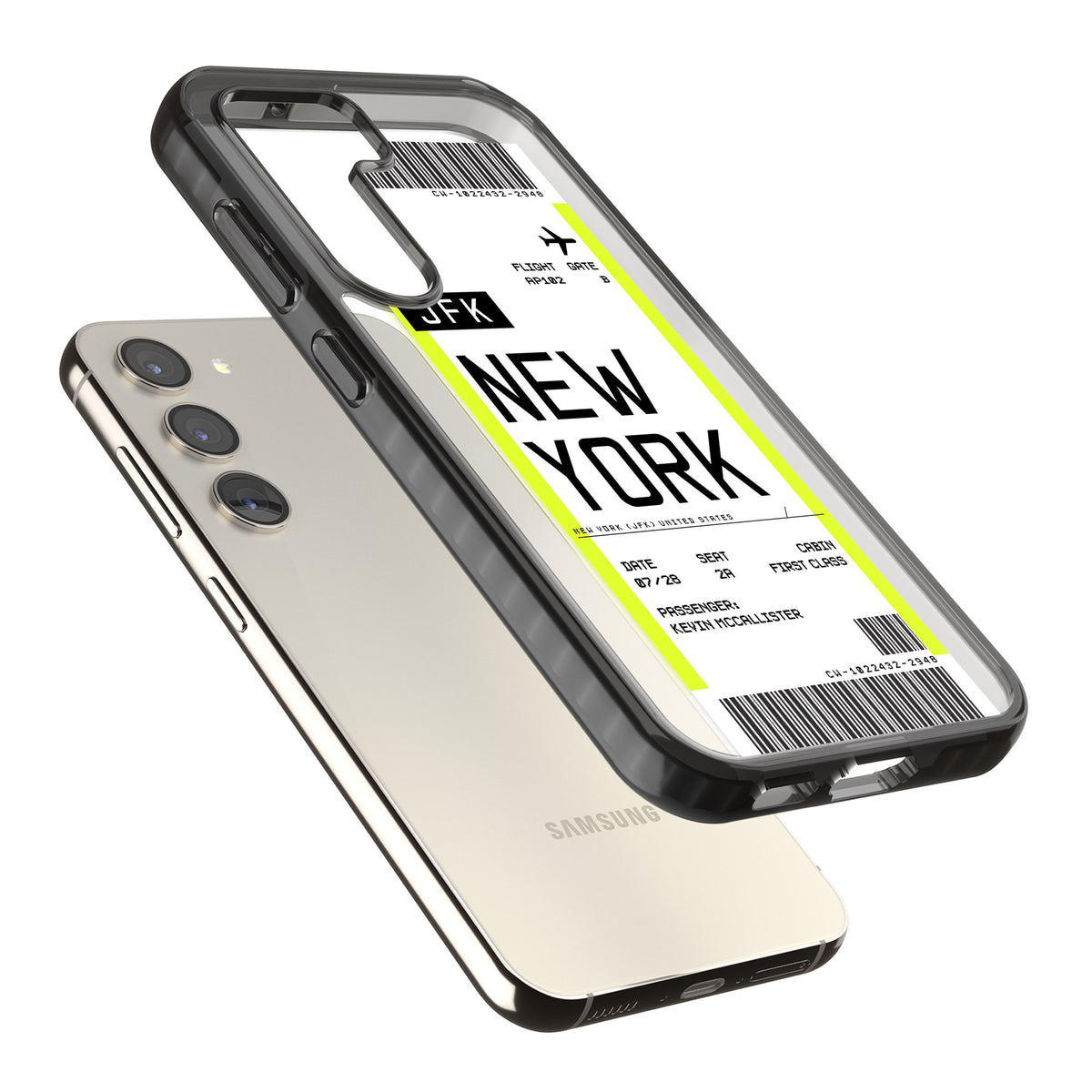 Personalised New York Boarding Pass Samsung S22 / Samsung S22 Plus / Samsung S23 / Samsung S23 Plus / Samsung S24 / Samsung S24 Plus Impact Black Phone Case angled