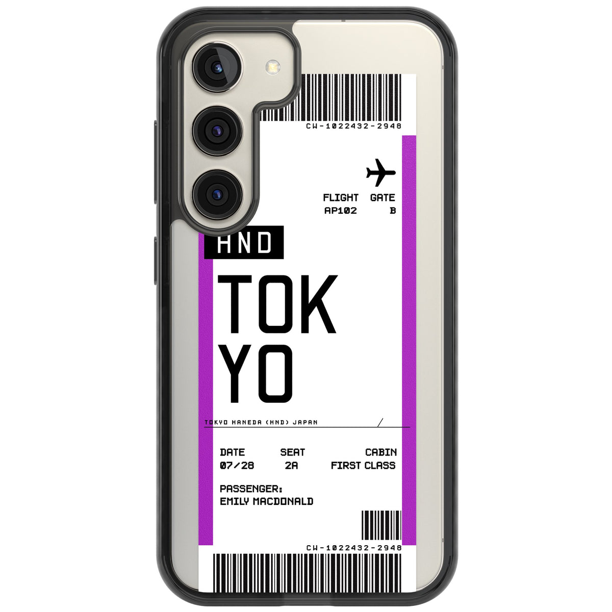 Personalised Tokyo Boarding Pass Samsung S22 / Samsung S22 Plus / Samsung S23 / Samsung S23 Plus / Samsung S24 / Samsung S24 Plus Impact Black Phone Case front
