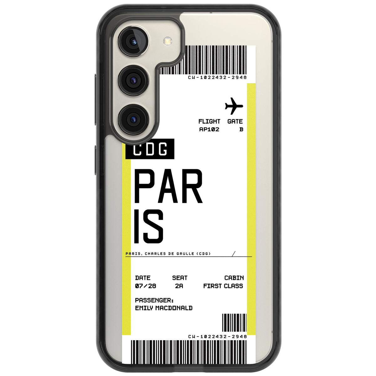 Personalised Paris Boarding Pass Samsung S22 / Samsung S22 Plus / Samsung S23 / Samsung S23 Plus / Samsung S24 / Samsung S24 Plus Impact Black Phone Case front