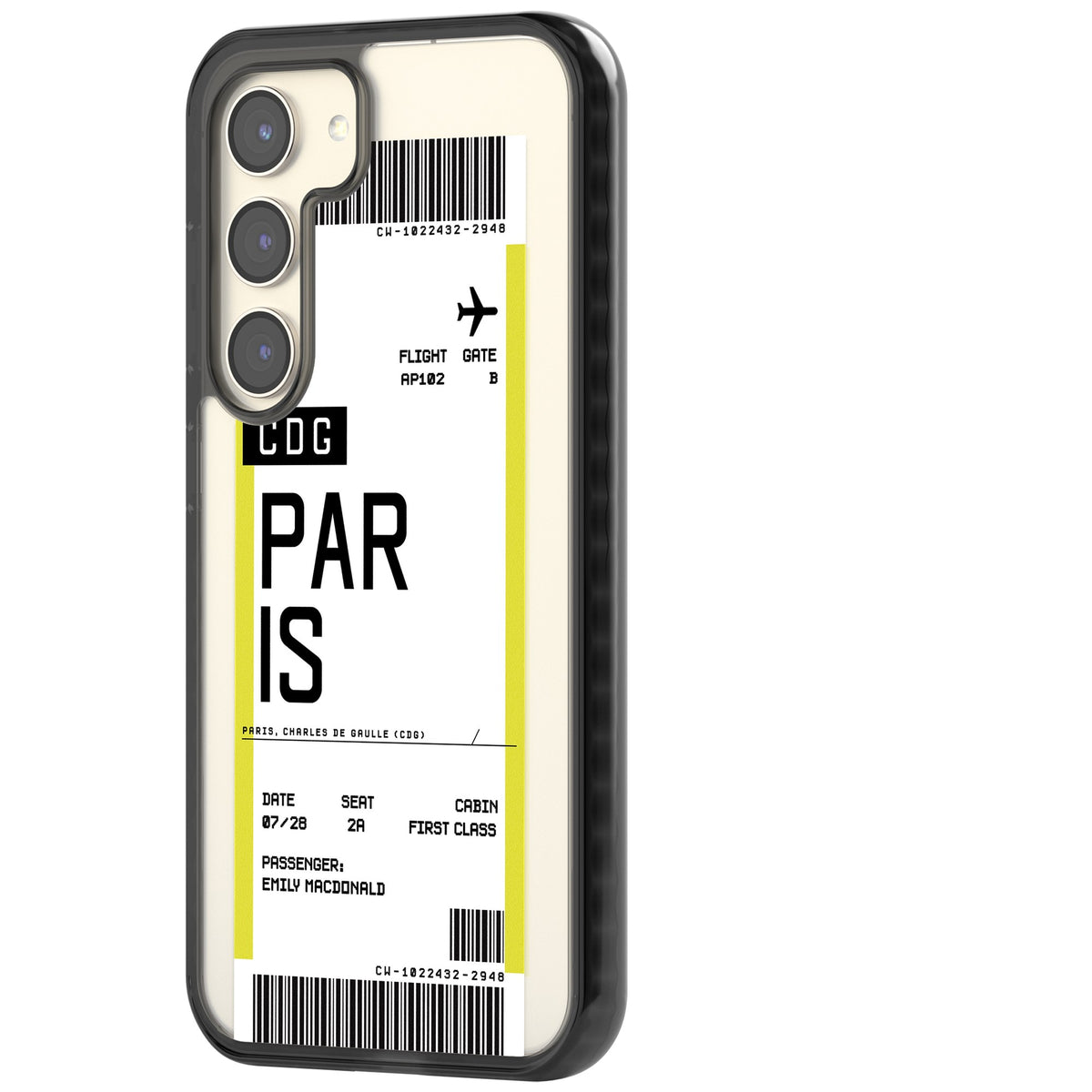 Personalised Paris Boarding Pass Samsung S22 / Samsung S22 Plus / Samsung S23 / Samsung S23 Plus / Samsung S24 / Samsung S24 Plus Impact Black Phone Case side
