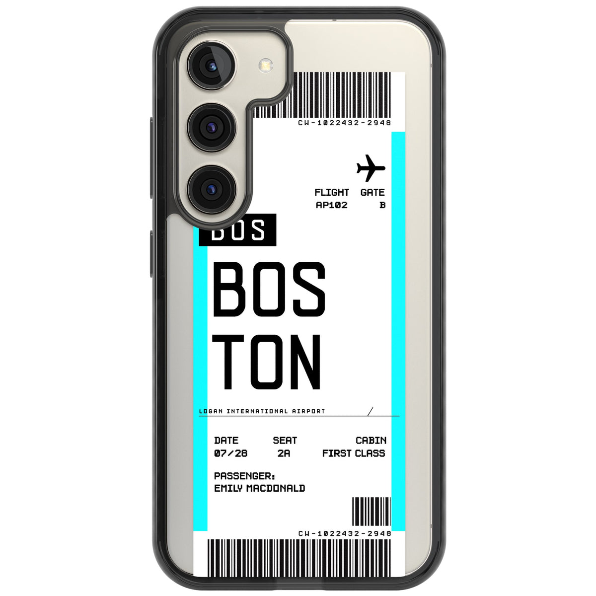 Personalised Boston Boarding Pass Samsung S22 / Samsung S22 Plus / Samsung S23 / Samsung S23 Plus / Samsung S24 / Samsung S24 Plus Impact Black Phone Case front