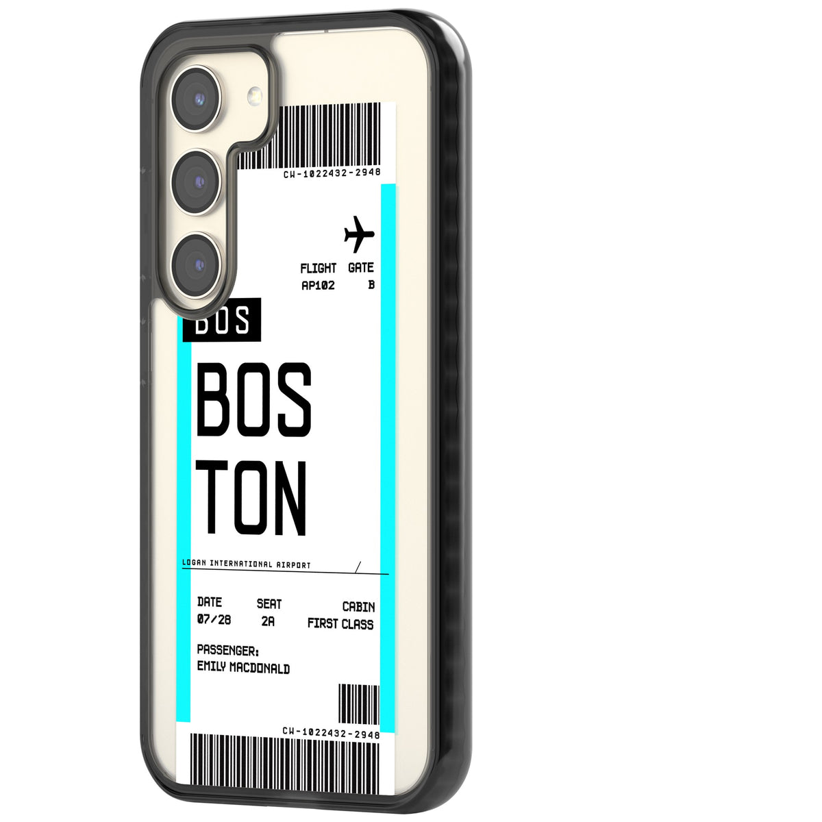 Personalised Boston Boarding Pass Samsung S22 / Samsung S22 Plus / Samsung S23 / Samsung S23 Plus / Samsung S24 / Samsung S24 Plus Impact Black Phone Case side