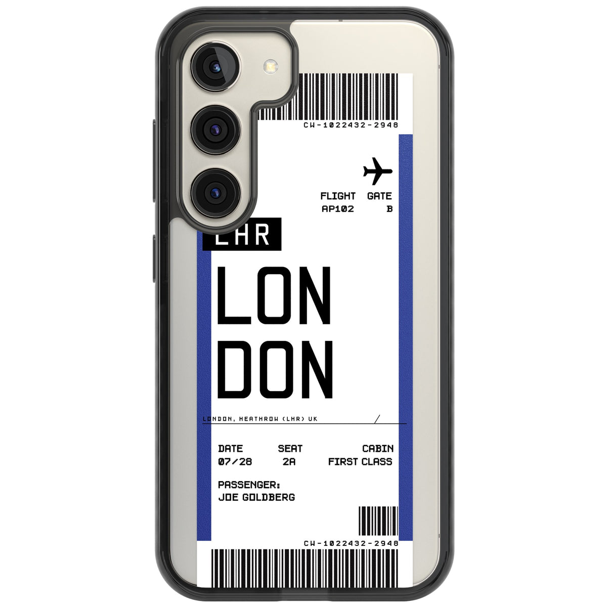 Personalised London Boarding Pass Samsung S22 / Samsung S22 Plus / Samsung S23 / Samsung S23 Plus / Samsung S24 / Samsung S24 Plus Impact Black Phone Case front