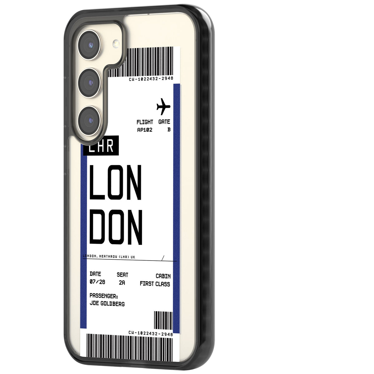 Personalised London Boarding Pass Samsung S22 / Samsung S22 Plus / Samsung S23 / Samsung S23 Plus / Samsung S24 / Samsung S24 Plus Impact Black Phone Case side